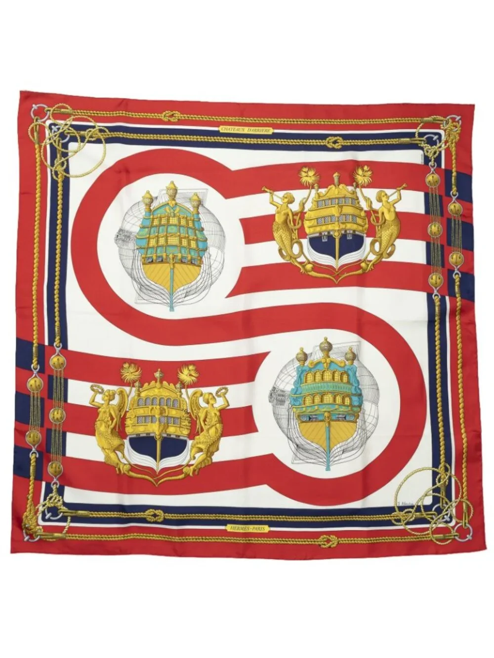 Hermes Scarf Red Gold Navy Silk